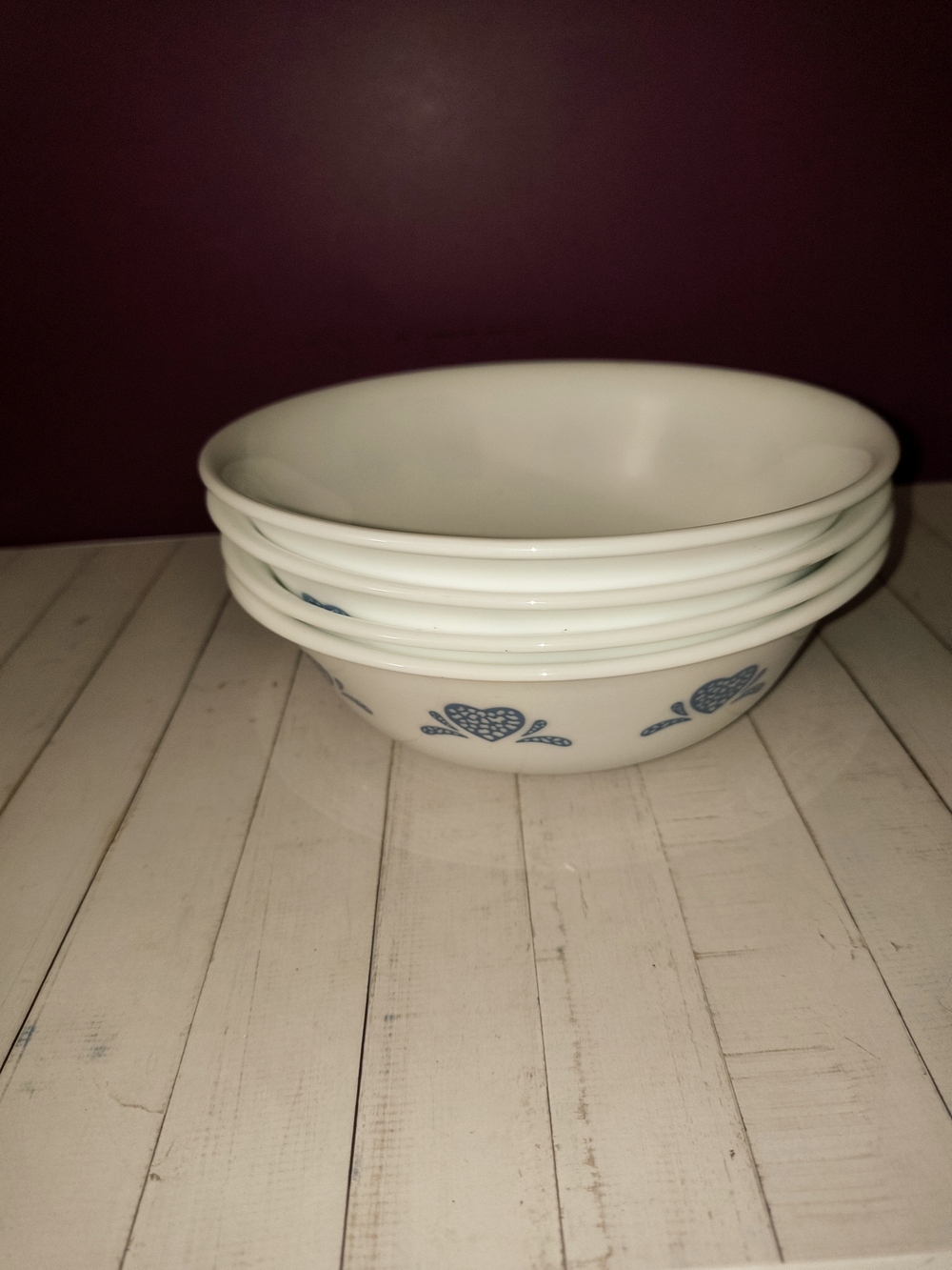 Corelle White Bowls with Blue Heart Floral Pattern - Set of 4